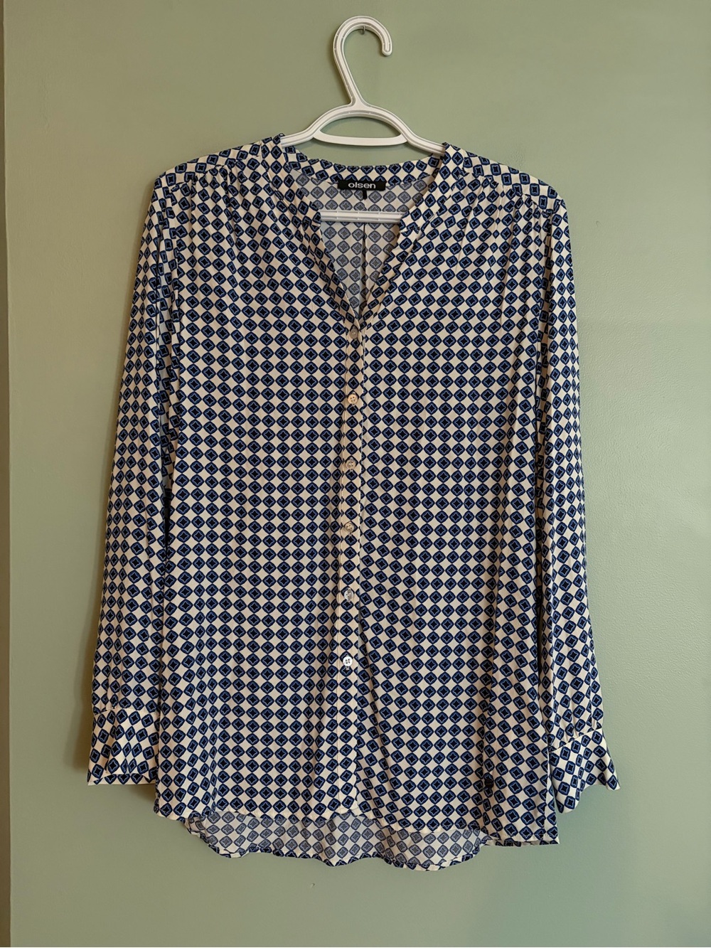 Olsen Geometric Blouse XS 4 Viscose Button Up Shirt Retro Mod Business Casual